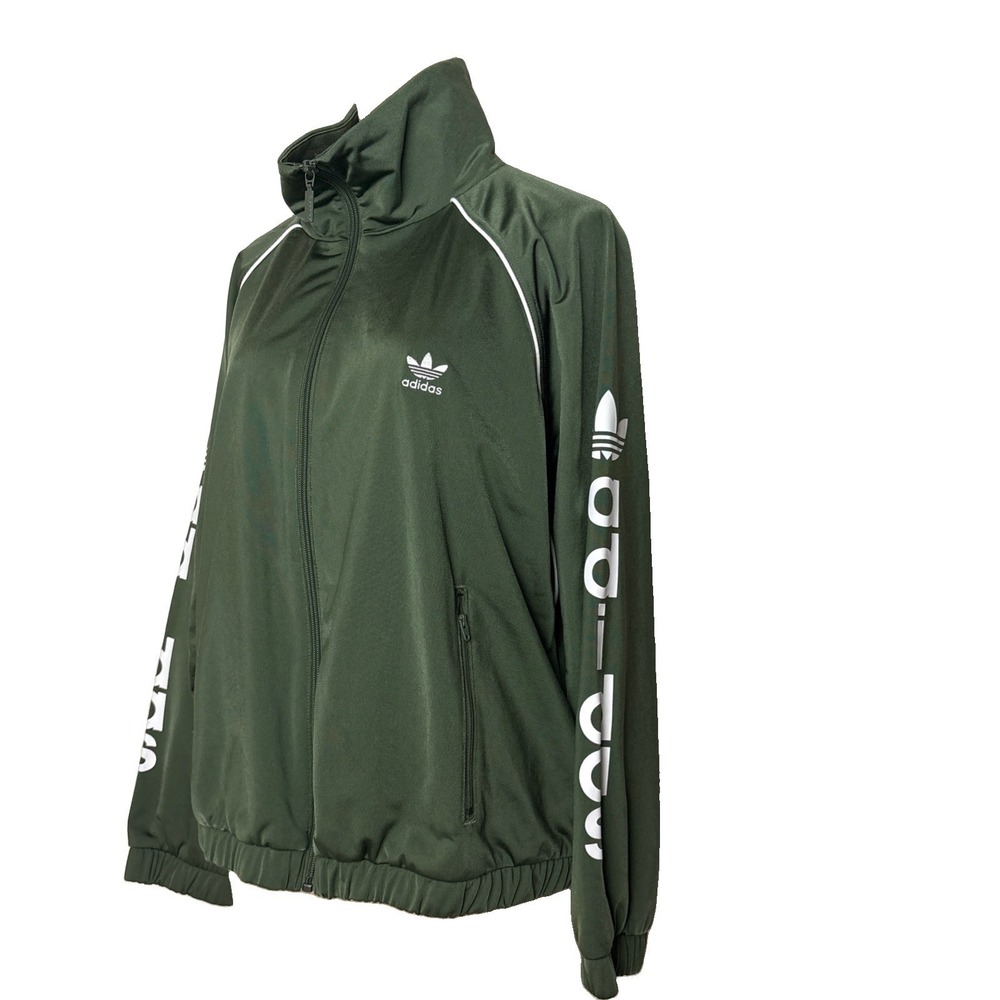 Adidas Womens M Track Jacket Full Zip Athletic Top Green Spellout trefoil New
